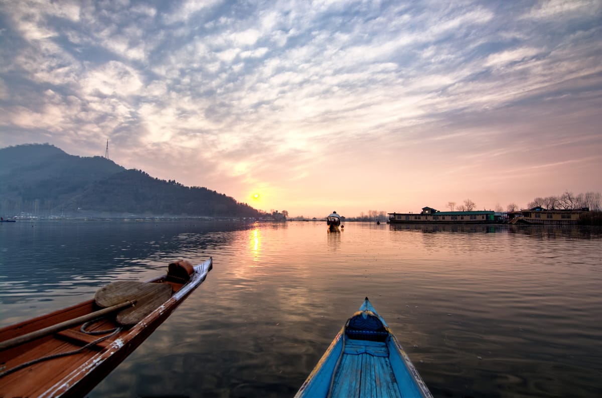 Sunset over Dal Lake with shikaras, Srinagar