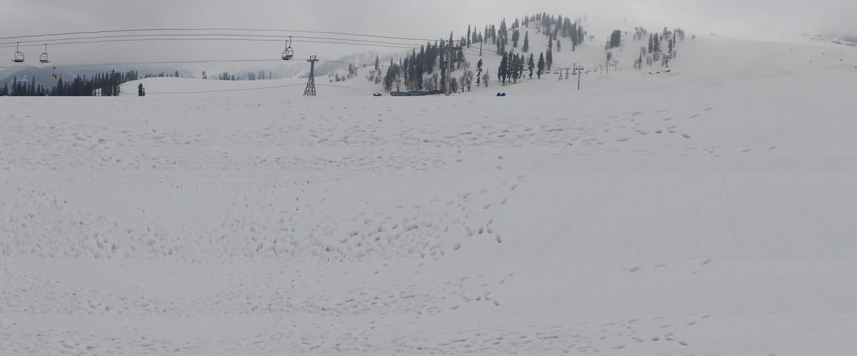 Wide winter view of Gulmarg with the gondola line