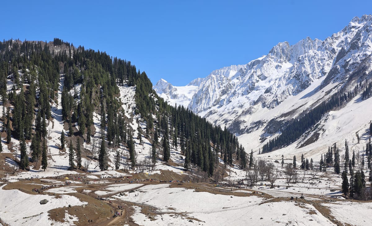 Thajiwas valley at Sonamarg with snowfields and pine trees